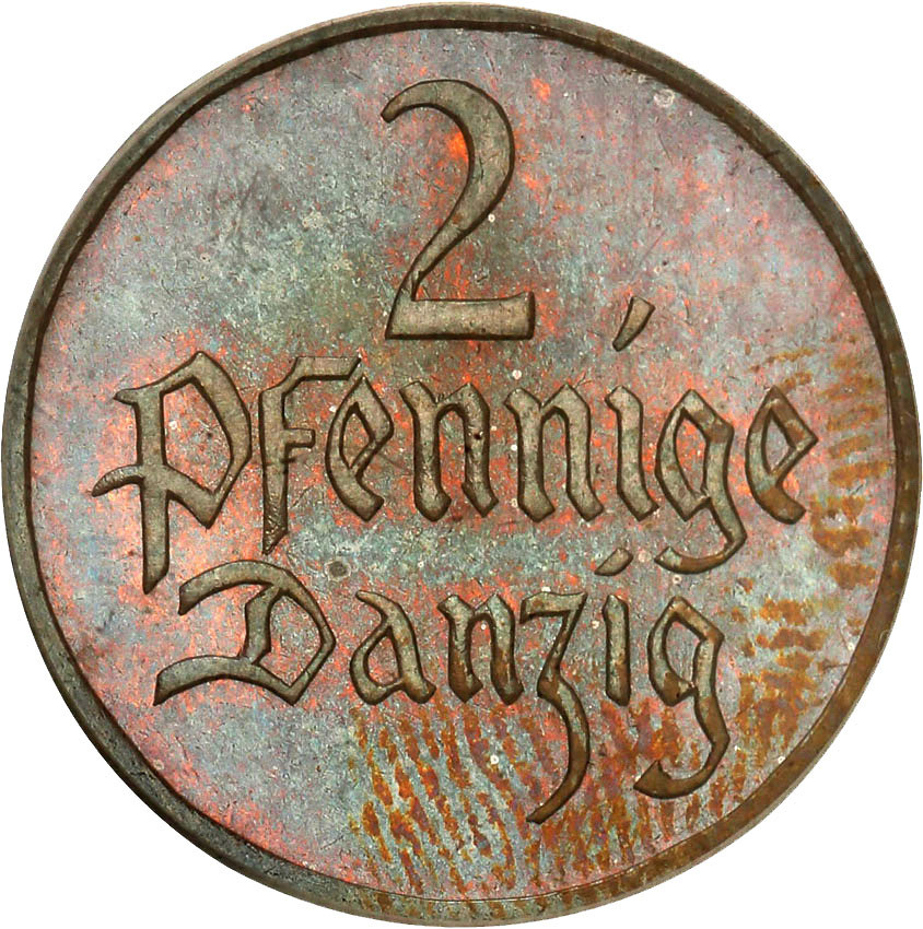 Wolne Miasto Gdańsk/Danzig. 2 fenigi 1923, stempel lustrzany, PCGS PR65 BN (MAX) - RZADKOŚĆ ex. Głuchowski collection